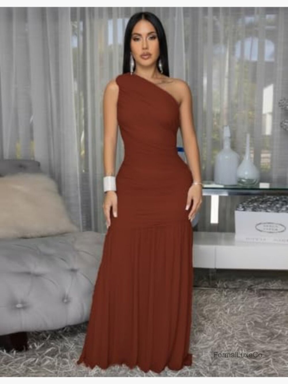 One Shoulder Bodycon Ruched Long Formal Dress - Picture 2 of 6